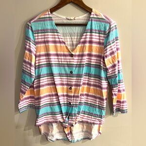 C&C CALIFORNIA Women’s Multicolor Striped V-Neck Button Down Tie Front Top